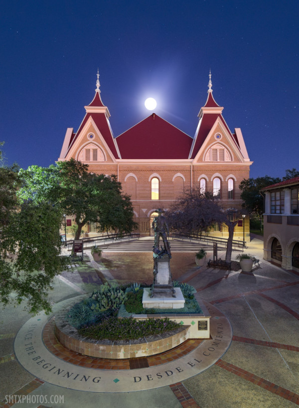 Moonrise at Old Main at Texas State University in San Marcos, TX