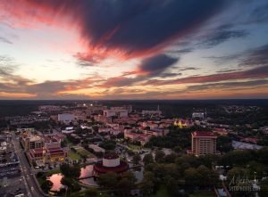 A colorful sunset over the Texas State University Campus.