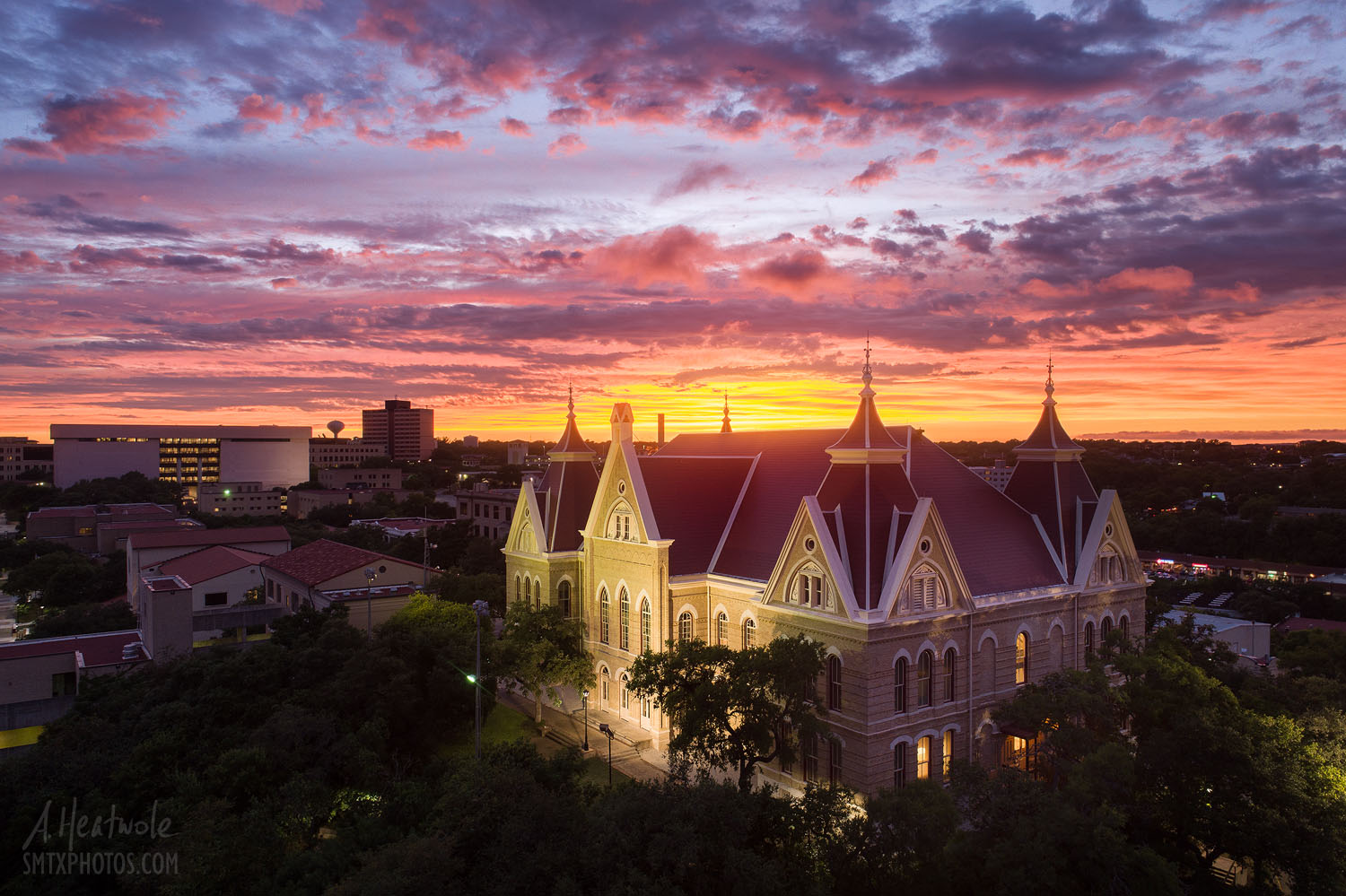 Sunset at Old Main on the Texas State University Campus in San Marcos, TX.
